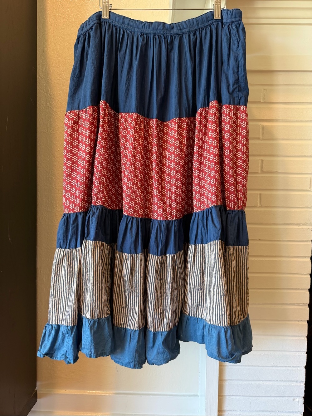 The Territory Ahead Patchwork Tiered Maxi Skirt Blue Red Striped Size 8 - Picture 2 of 8